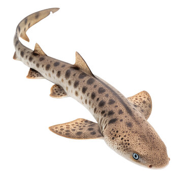 A leopard shark swimming gracefully in the ocean. The shark has a slender body with distinctive spots and a pointed snout. Its fins are spread wide, showcasing its streamlined shape.