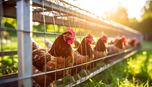 Chickens in a wire enclosure at sunset - Powered by Adobe