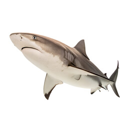 Fototapeta premium A close-up view of a grey reef shark swimming against a black background. The shark displays a streamlined body and sharp teeth, showcasing its predatory nature.