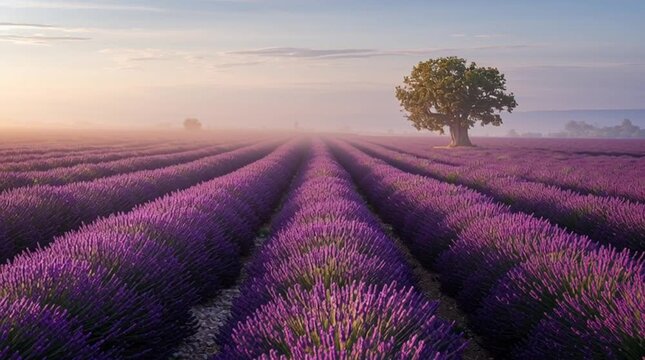 Endless rows of blooming purple lavender stretch across a tranquil field under soft sunlight. Perfect for wellness themes, travel inspiration, nature backgrounds, and botanical beauty visuals.
