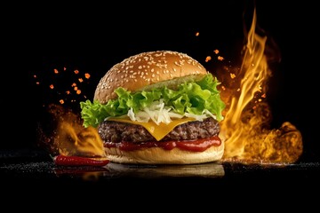 Delicious burger on a black background with fire.