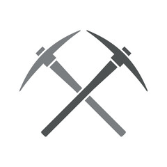 Pickaxe icon. Symbol of work, extraction, or mine. Attribute of a quarry, miner, or worker. Hand-held impact tool for gold or ore mining.