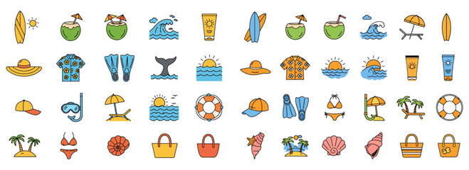 Vector art of summer beach vacation icons collection with tropical elements