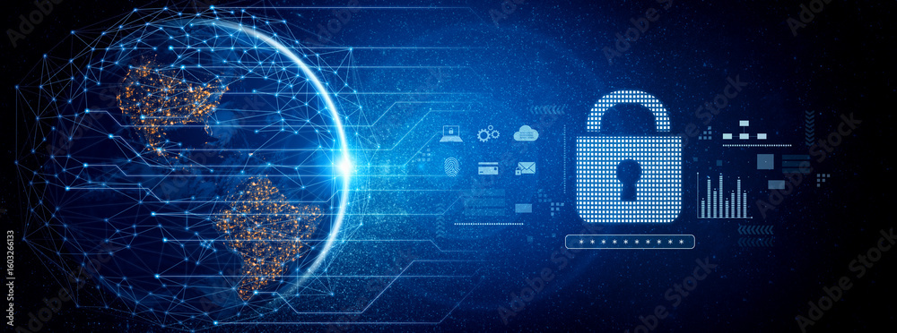 Poster cybersecurity protection system showing password encryption, fingerprint id, cloud security, email, 