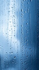 Extreme Close Up Of Rain Drops on Glass Window With Abstract Blue Hue