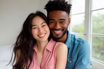 Multiethnic couple hugging each other smiling in apartment