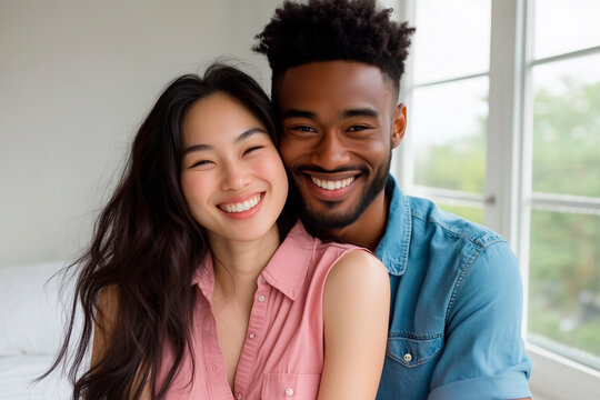 Multiethnic couple hugging each other smiling in apartment - Powered by Adobe