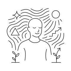 Abstract vector of a peaceful person surrounded by symbols of growth and energy. Concept of mindfulness, personal development, mental health, spiritual growth.