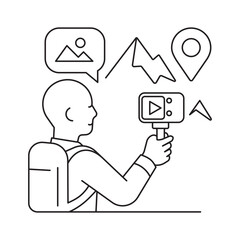 Line art of a traveler filming with an action camera, surrounded by nature icons. Concept for travel blogging, outdoor adventure, content creation.