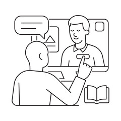 Minimalist vector of online learning with a student watching a teacher on a screen. Concept for e-learning, distance education, online training.