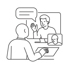 Line art illustration of a virtual interview with two people communicating via video call. Concept of online conversation, remote communication, digital meeting.