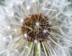 Detailed Macro Photograph of a White Dandelion Seed Head with a Brown Center