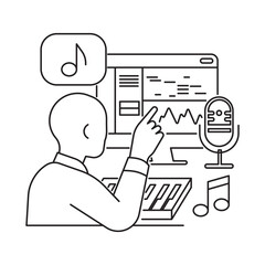 Vector of a person creating music content with a microphone, MIDI keyboard, and computer. Concept for music production, podcasting, audio editing.