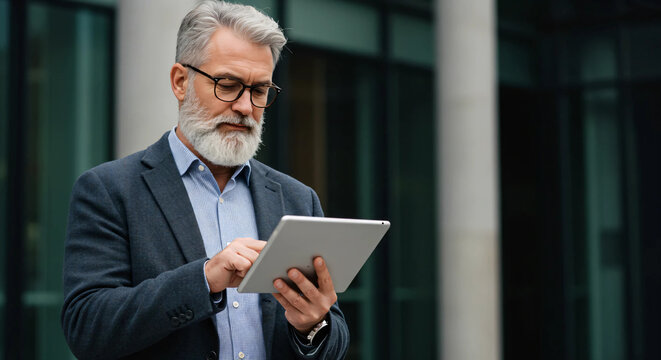 Mature businessman in suit working outdoors with tablet. Ideal for business, technology, professional, workplace, and digital communication concepts.