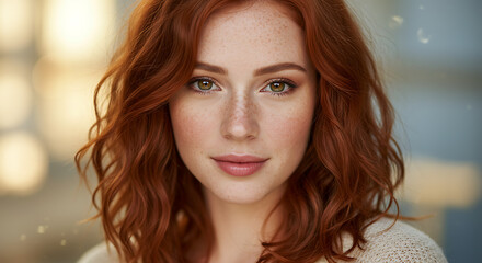 Fototapeta premium High-resolution portrait of a red-haired woman with tousled waves, soft smile, warm skin tone and freckles across nose and cheeks