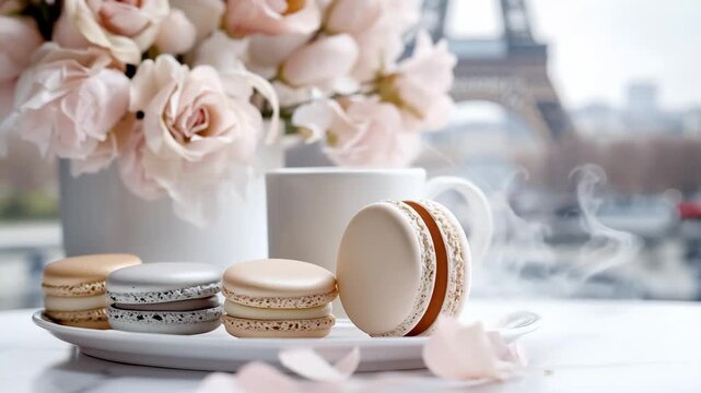 A plate of macarons in various colors sits next to a white cup. Pink flowers are arranged in the background with the Eiffel Tower visible.