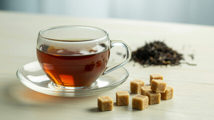 A refreshing cup of hot tea with sugar cubes and loose leaf tea