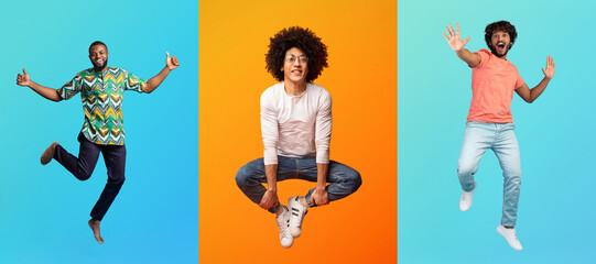 Three people express joy and excitement in a vibrant collage. They jump and pose against colorful...