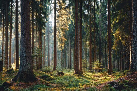 sunny morning in a dense coniferous forest with tall slender pine trees