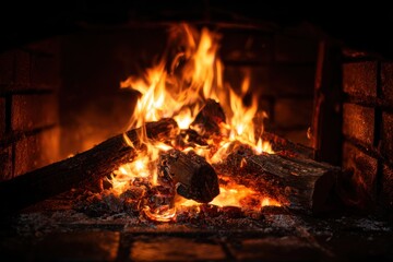 Fototapeta premium Cozying by the fire on a winter night Christmas postcard design Realistic flames Dark backdrop with room for text