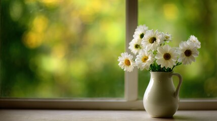 Delicate white daisies in a pitcher by a window.