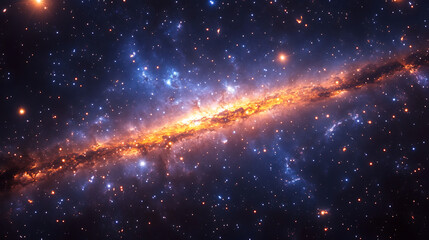 Galaxy star cluster with glowing orange core and blue starry background in deep space, creating stunning cosmic view full of wonder and mystery