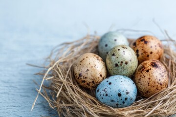 Obraz premium Vibrant chocolate quail eggs in a straw nest atop light blue with space for text Nest with tiny eggs spring Easter backdrop