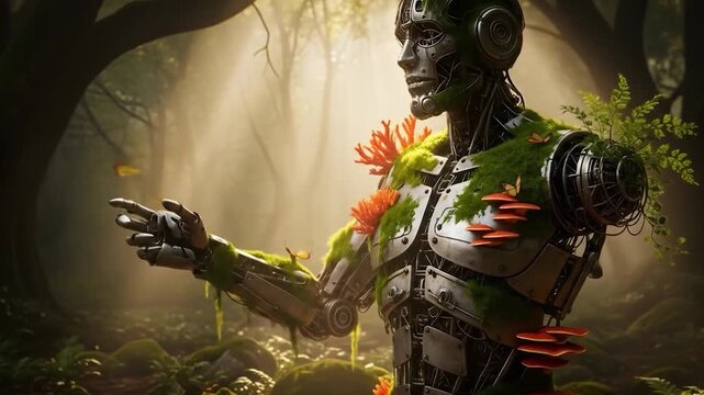 Steampunk robot covered in moss and fungi in a sunlit forest