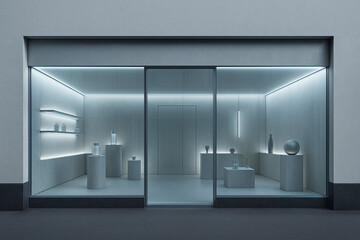 Futuristic storefront with seamless concrete facade and glowing glass interior, featuring sculptural displays, minimalist design, cool tones, and high-tech retail aesthetics.