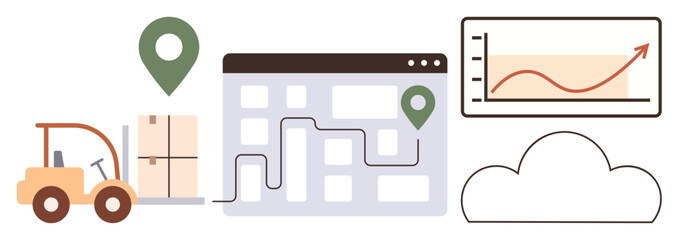 Forklift moving boxes, digital map with route markers, growth analytics chart, and cloud icon. Ideal for logistics, delivery, supply chain, warehouse, shipping management data analysis simple flat