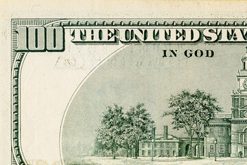 Vintage elements of paper banknotes.Bonistics.Fragment of 100 US dollar banknote for design purpose. United States of America