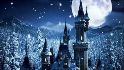 Snowy castle, moonlit forest, winter night - Powered by Adobe