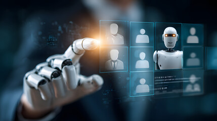 AI recruiting technology concept. Leveraging artificial intelligence in the talent acquisition process. A robot selecting candidates for hiring. HR technology ecosystem strategies for human resource .