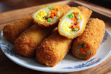 Fototapeta premium Risoles are traditional Indonesian snacks typically served to break a fast featuring potato carrot and boiled egg filling and taste great with green chilies