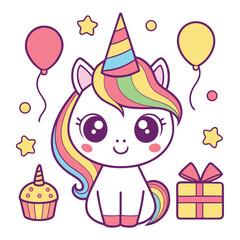 Happy birthday party scene with a smiling boy holding a card and surrounded by balloons and gifts