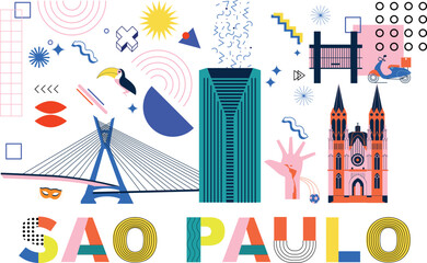 Typography word "Sao Paulo" branding Memphis concept. Collection of flat vector web icons, culture travel set, famous architectures and specialties detailed silhouette. Brazilian famous landmark.