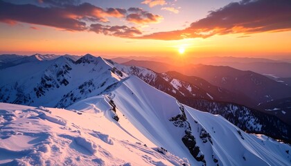 Snowy mountain range at sunset