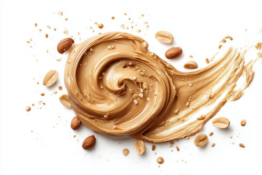 Peanut butter swirl artfully blended with crunchy peanuts on a clean white background showcasing its rich texture and creamy appearance