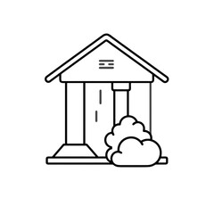 Bank building illustration with outline design and bushes in foreground  