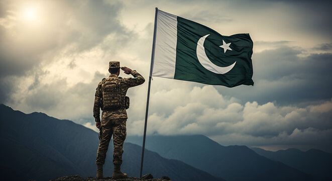 Pakistan army soldier saluting pakistan flag patriotic military defense national pride pakistan independence day - Powered by Adobe