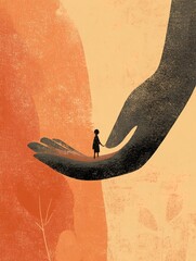 Illustration of large hand holding small child figure symbolizing care protection nurturing childhood and importance of support and safety