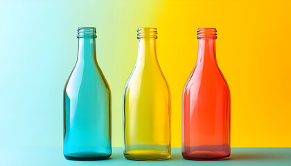Three colorful glass bottles against a vibrant background