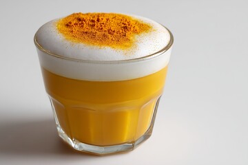 Delicious turmeric latte topped with creamy foam and a sprinkle of spice on a clean white background inviting relaxation and warmth