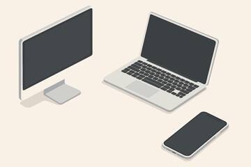 Isometric device mockup set. Vector illustration of a desktop computer, laptop, and smartphone with blank screens. Tech gadget collection for UI, UX, and web design template.