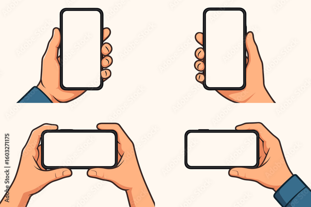 Wall mural set of hands holding smartphone with blank screen. mobile phone mockup for app presentation. vector 