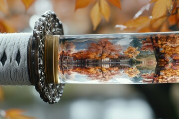 Reflective Samurai sword reflecting a montage of Japanese imagery