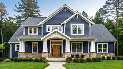 Beautiful dark blue two story family home with stone accents and lush green landscaping