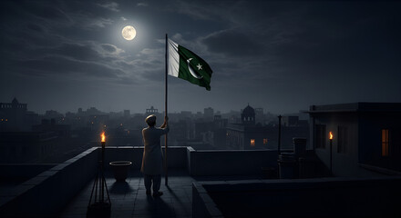 Pakistan independence day celebration man holding flag on rooftop at night with moon and city background