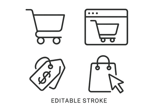 Online shopping and e-commerce vector icon set. Thin line style symbols for web, mobile app, UI UX design. Editable stroke icons of cart, buy button, price tag, online store.
