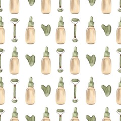 Seamless pattern with facial care products on a white background